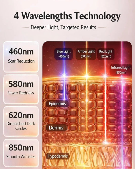 Diagram showing four LED light wavelengths and corresponding skin layers for red light therapy face mask