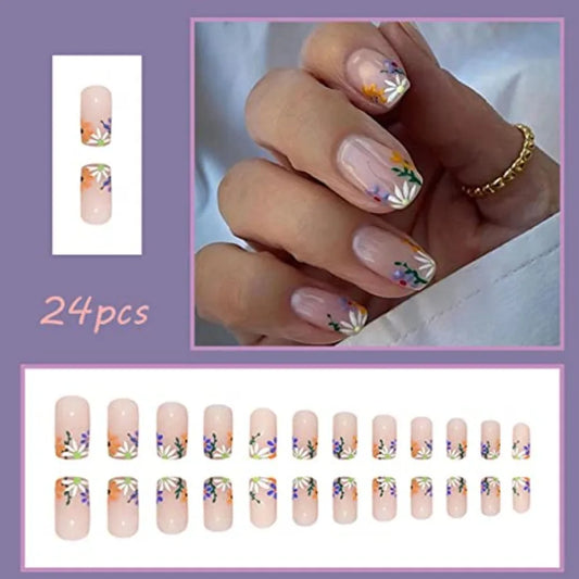 Short Square Purple Flower Press-On Nails – 24-Piece Set