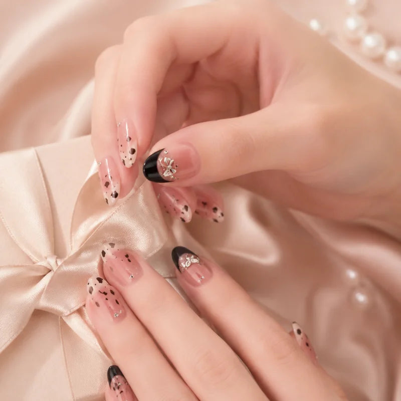 24-Piece Leopard Print Almond Press-On Nails with Butterfly Charms