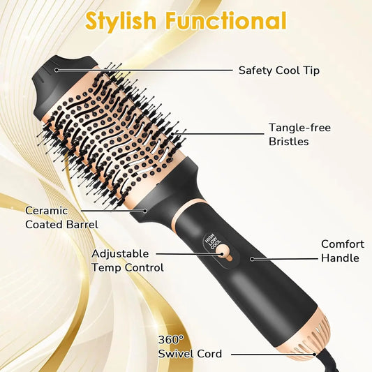 Round heated hair styling brush with ceramic-coated barrel, tangle-free bristles, adjustable temperature control, cool tip, and swivel cord.