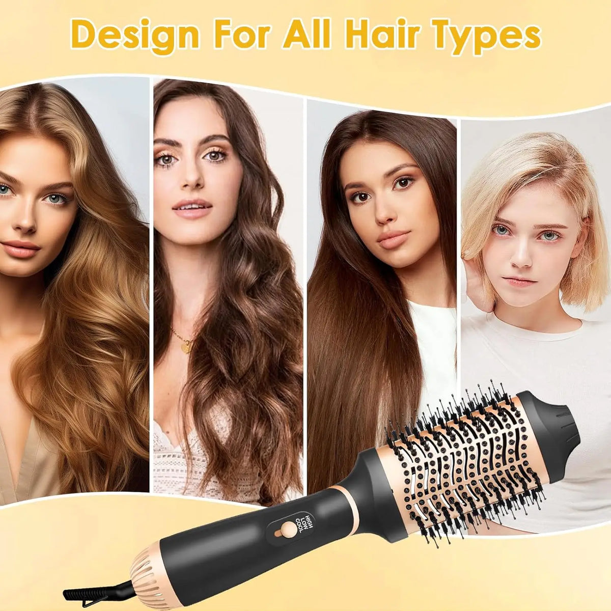 Black and beige hot air styling brush displayed with four women showing different hair types and textures.