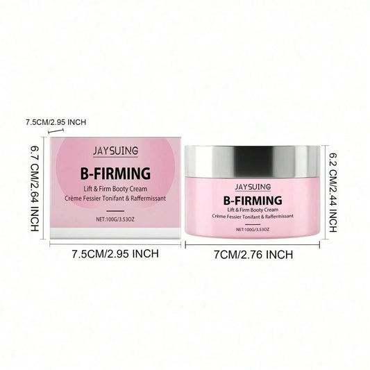 JAYSUING B-FIRMING Lift & Firm Body Cream jar and matching packaging on a white background with product dimensions and measurements.