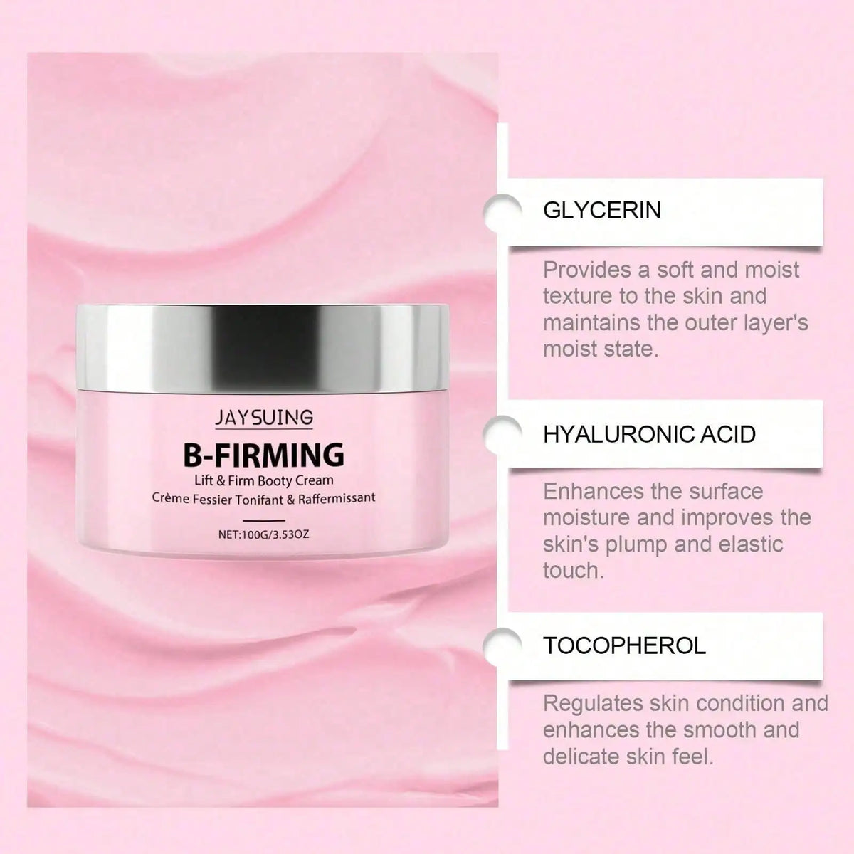 JAYSUING B-FIRMING Lift & Firm Body Cream in a pink jar with silver lid, highlighting glycerin, hyaluronic acid, and tocopherol as key skincare ingredients.