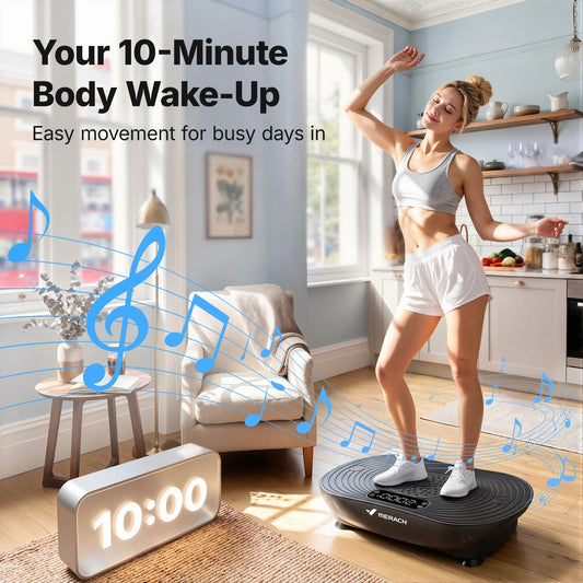 Woman exercising on a black MERACH whole body vibration plate in a bright home, demonstrating a 10-minute fitness routine with musical note graphics.
