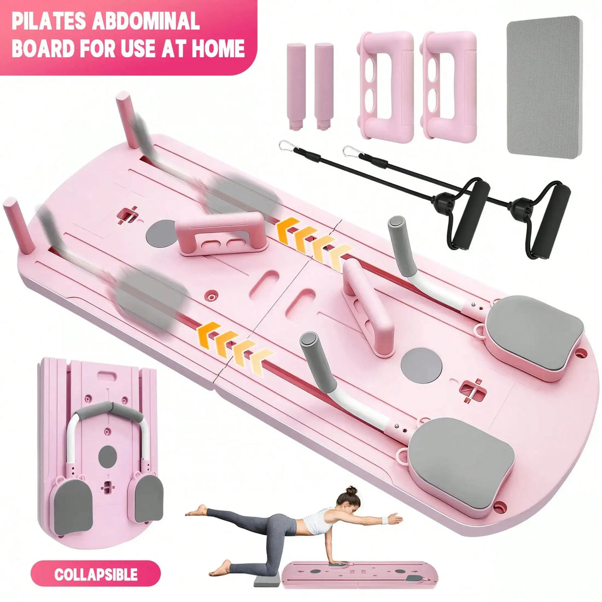Pink foldable Pilates abdominal exercise board with handles, resistance bands, foam pads, and compact folded design for home workouts.