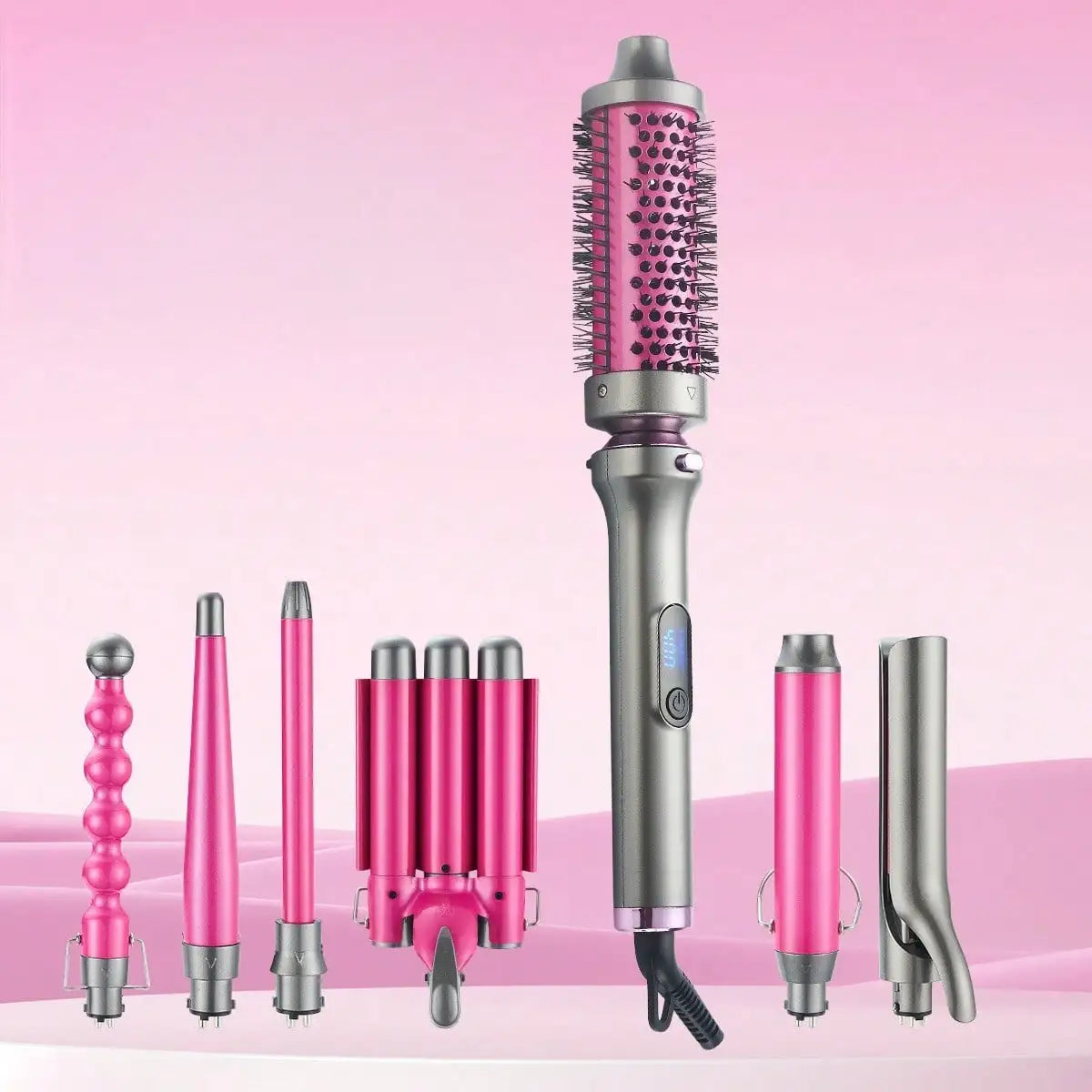 Pink and silver hair styling tool set with seven interchangeable styling attachments