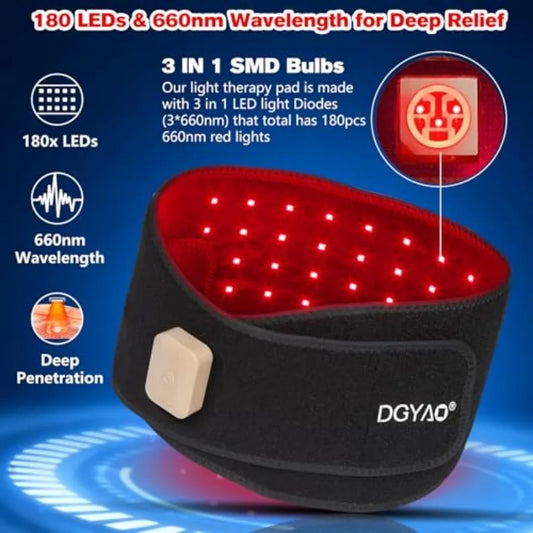 Black red light therapy wrap with beige control button and glowing red LED lights, displayed on a blue background with feature callouts highlighting its design and functionality.