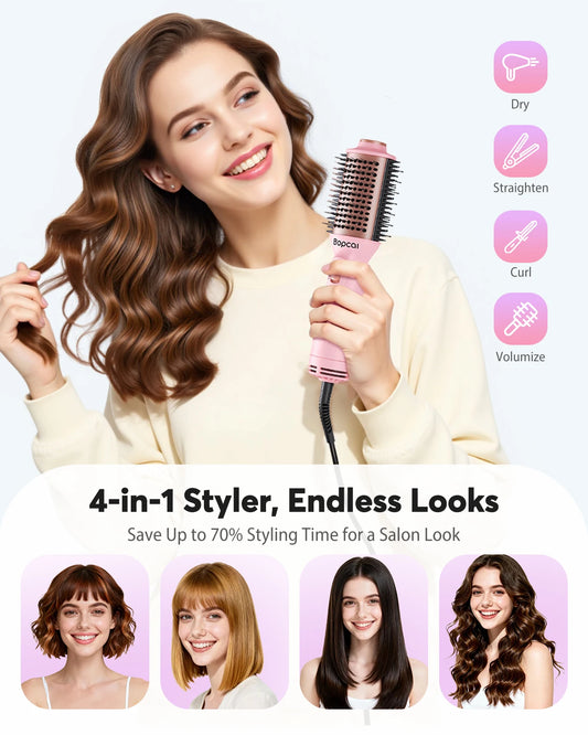 Woman with styled hair holding a 4-in-1 hair styling brush, with icons highlighting multiple hair styling functions. 