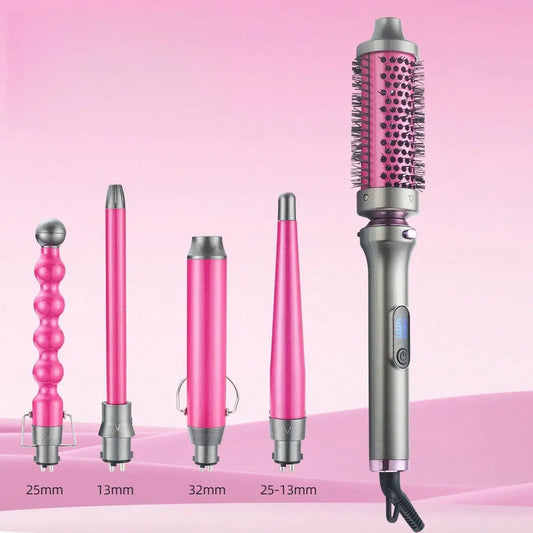 Pink and silver 5-in-1 curling iron set with interchangeable 13mm, 25mm, 32mm, and tapered styling barrels