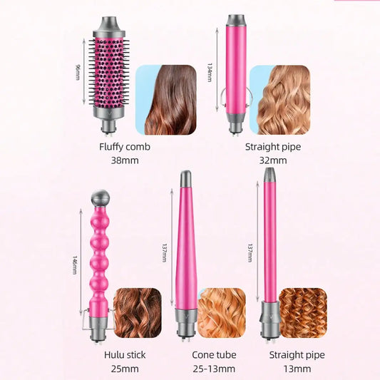 Hair styling attachment comparison showing 38mm, 32mm, 25mm, and 25-to-13mm barrels with curl and wave examples