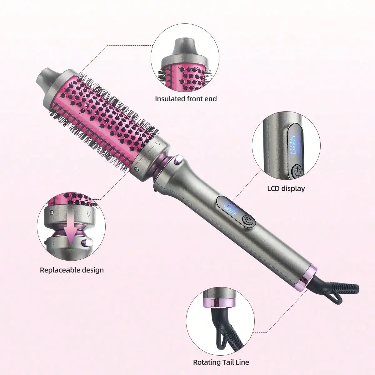 5-in-1 hair styling tool with highlighted design features and interchangeable attachments