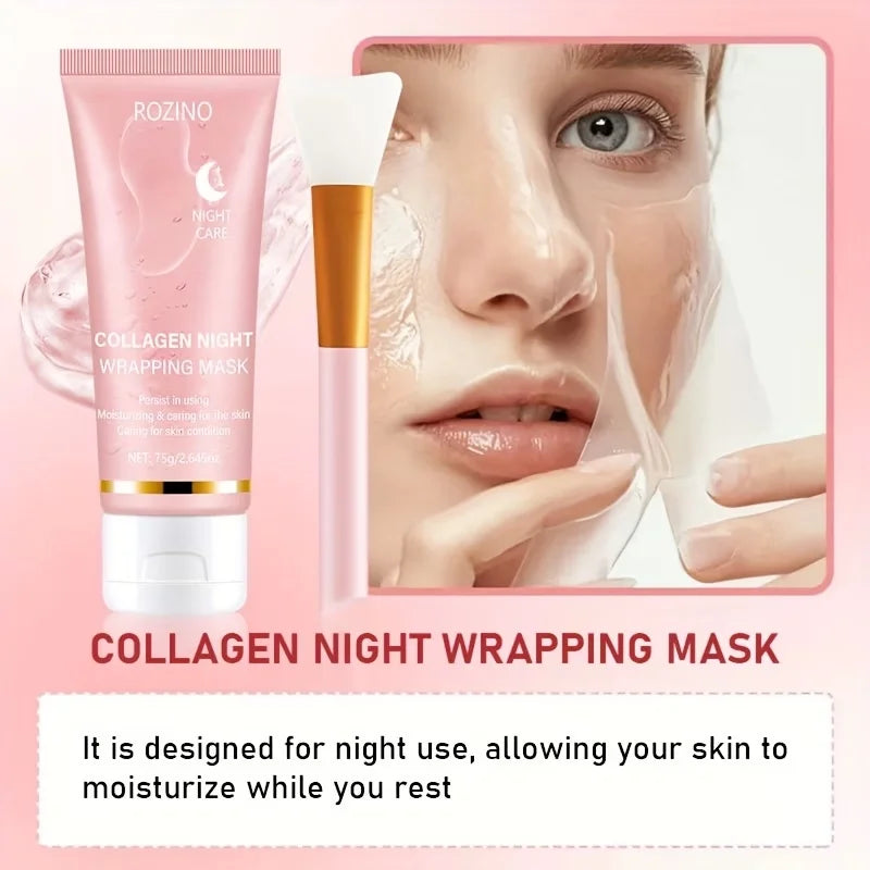 Woman applying collagen night wrapping face mask on a pink background