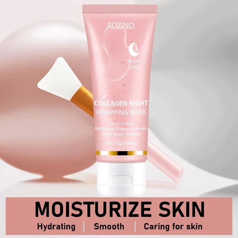 Collagen night wrapping mask image highlighting moisturizing, hydrating, smoothing, and skin care features