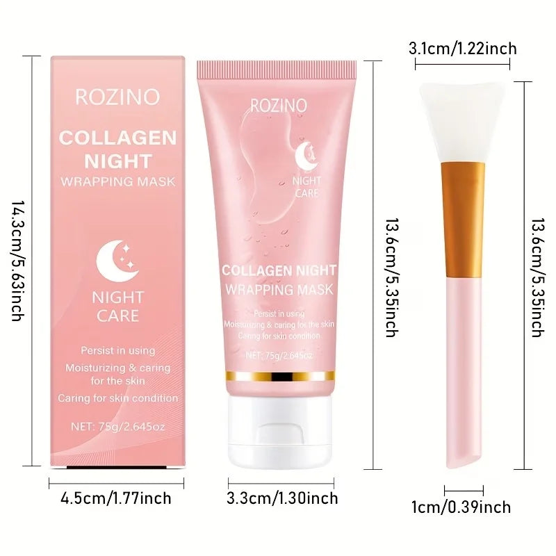 ROZINO collagen night wrapping mask with box, applicator brush, and product dimensions