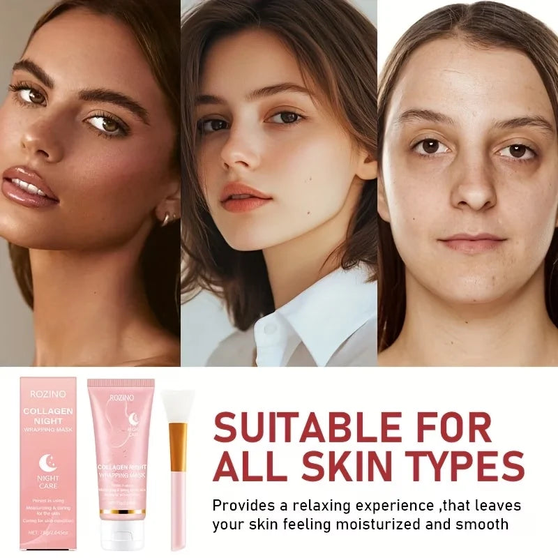 ROZINO collagen night wrapping mask with applicator and models representing different skin types