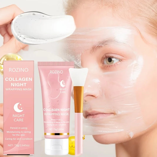 ROZINO collagen night wrapping mask set with pink box, tube, applicator brush, and model wearing peel-off face mask