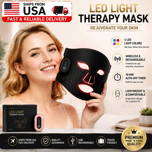 Woman wearing a red light therapy face mask for at-home skincare