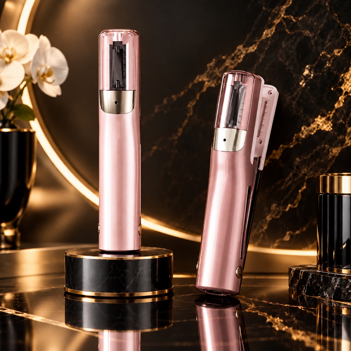 Two rose gold electric split end hair trimmers displayed on dark marble stands