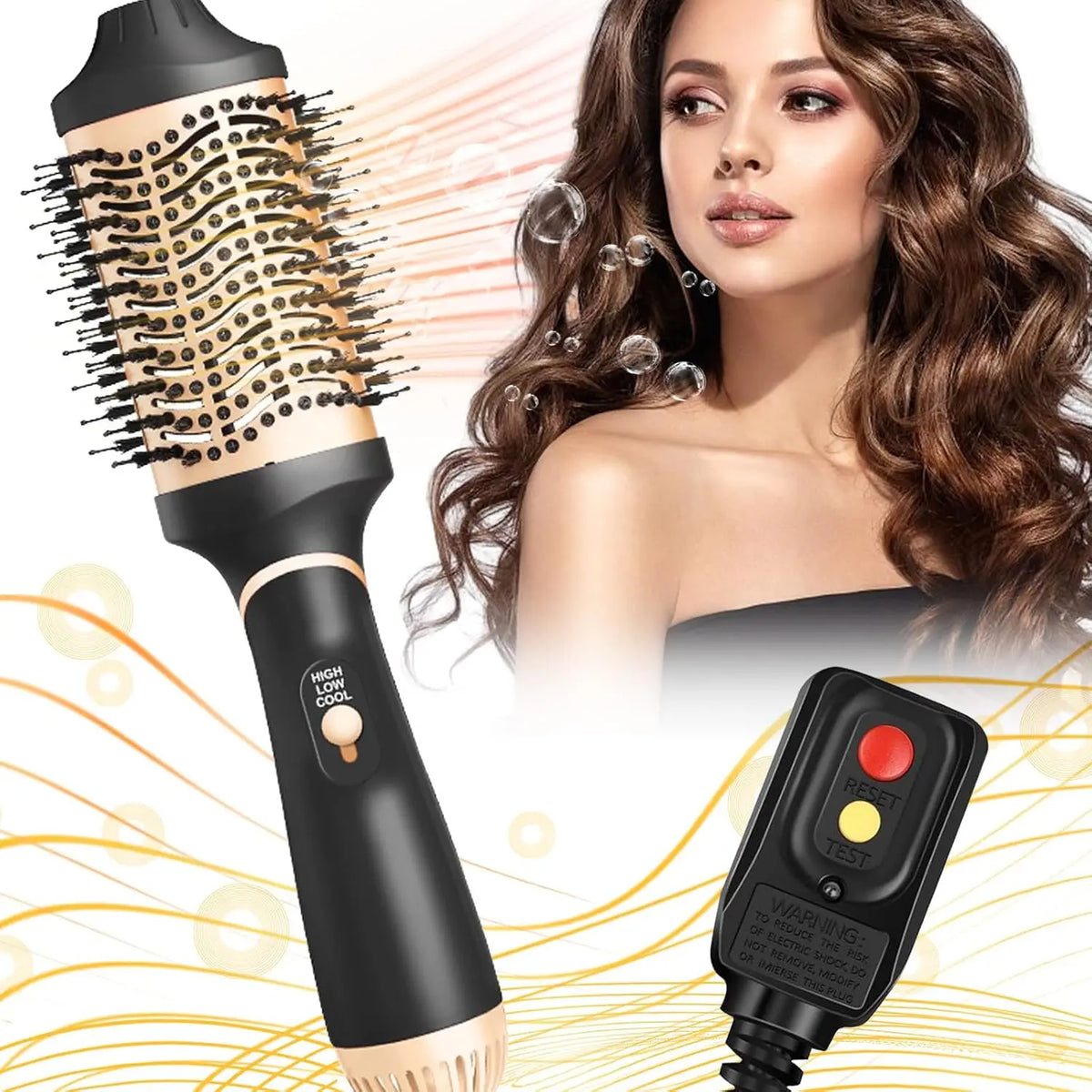 Round hot air hair styling brush in black and beige, displayed beside a woman with long wavy brown hair and a small black remote control. 