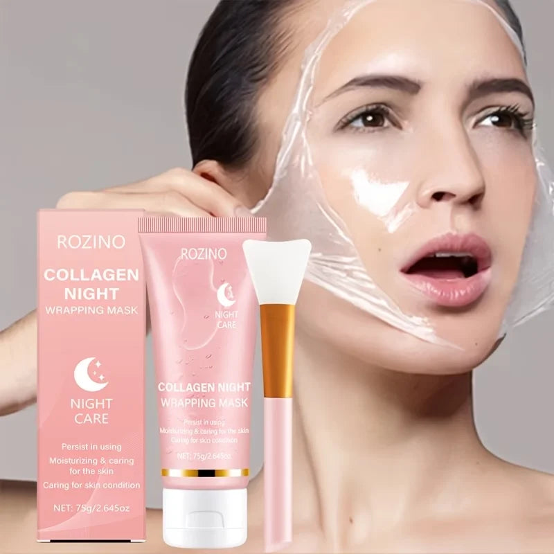 Woman wearing a facial mask with Rozino collagen night wrapping mask products displayed
