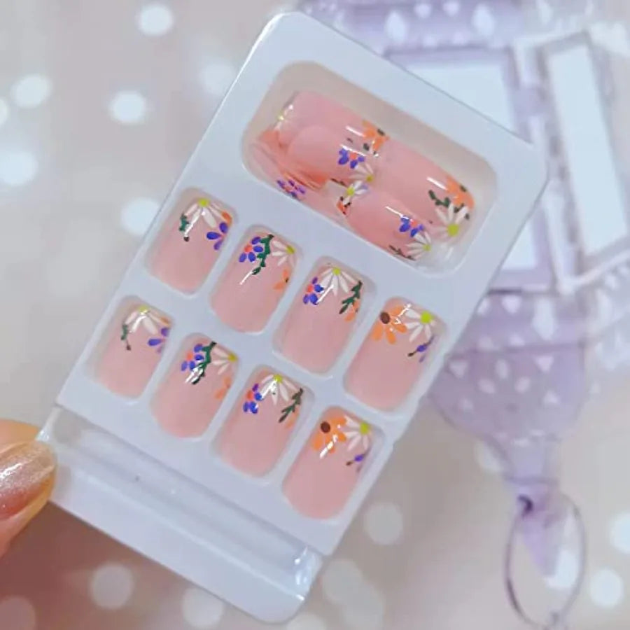 Short Square Purple Flower Press-On Nails – 24-Piece Set