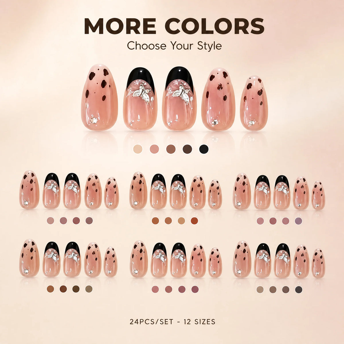 24-Piece Leopard Print Almond Press-On Nails with Butterfly Charms
