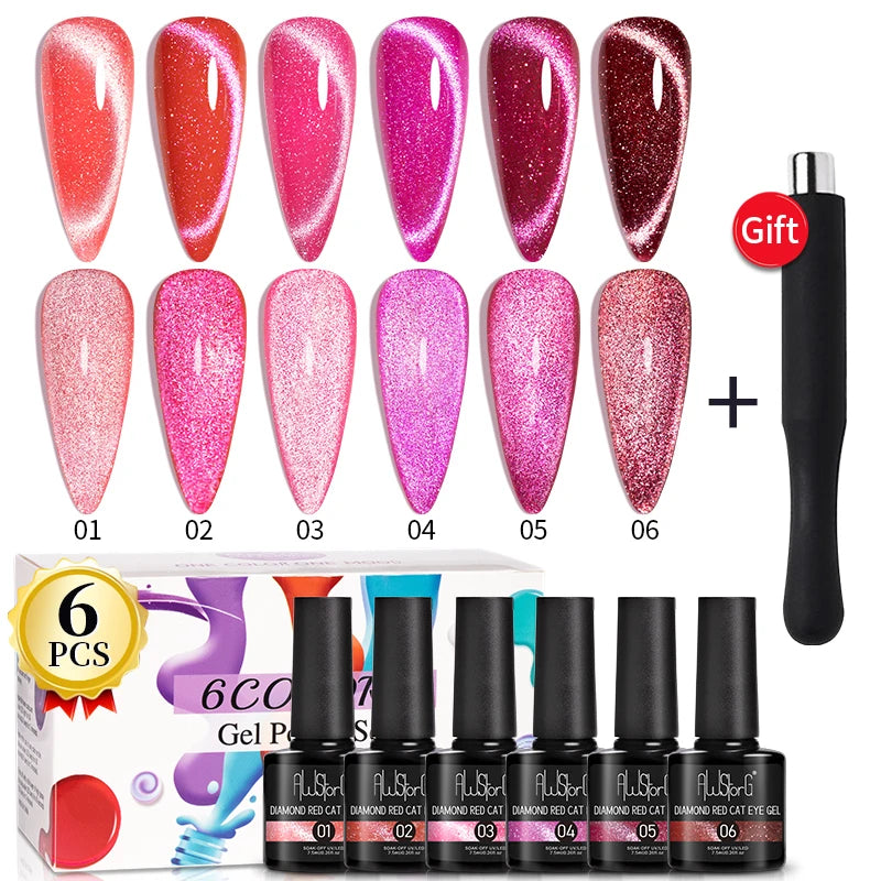 6-Piece Diamond Red Cat Eye Gel Nail Polish Set