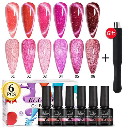 6Pcs Diamond Red Cat Eye Gel Nail Polish Set