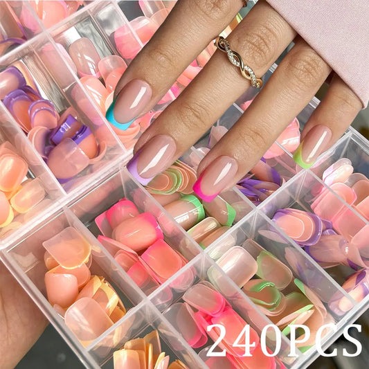 240-Piece Candy Color French Short Square Nail Tips