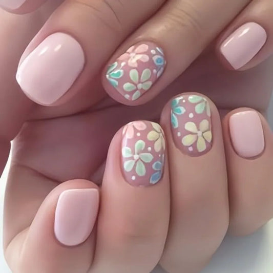 24-Piece Colorful Floral Short Square Press-On Nails