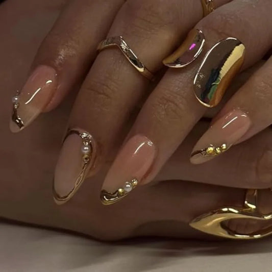 Medium Almond Gold French Tip Press-On Nails