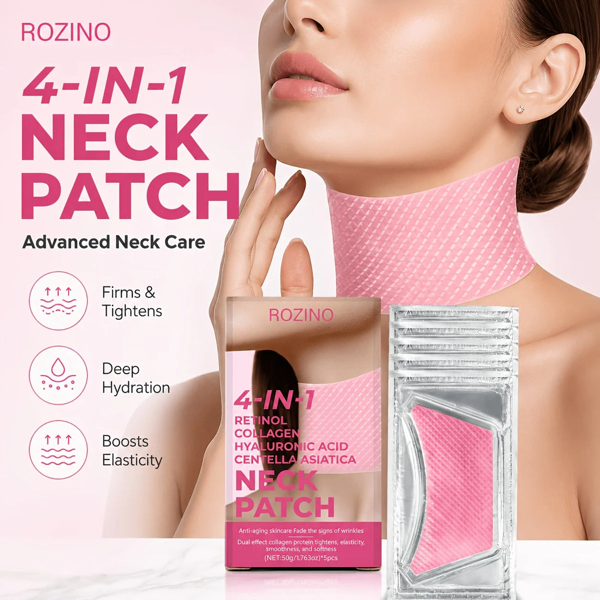 ROZINO 4-in-1 Retinol & Collagen Neck Patches – 5 Pack