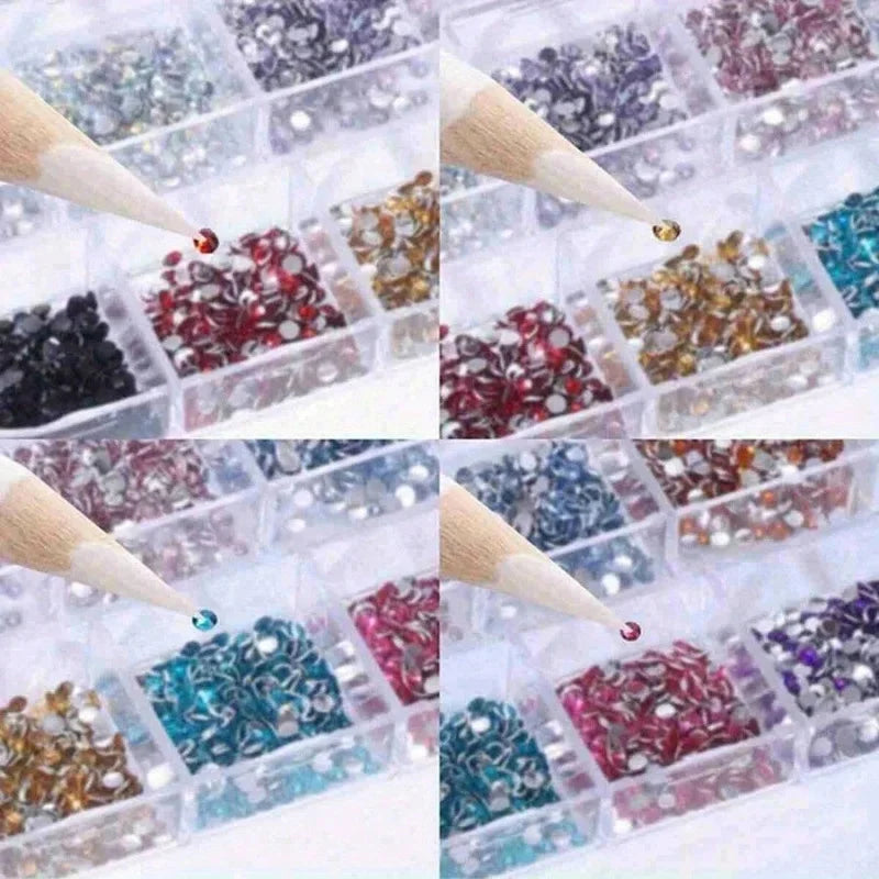 12-Compartment Flat-Back Nail Rhinestone Set