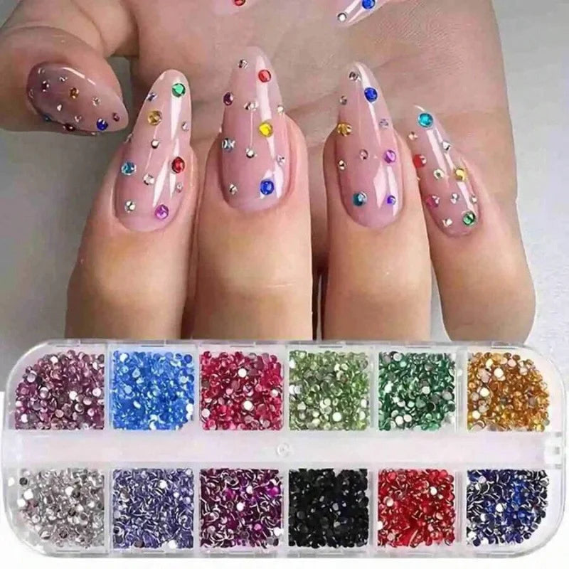 12-Compartment Flat-Back Nail Rhinestone Set