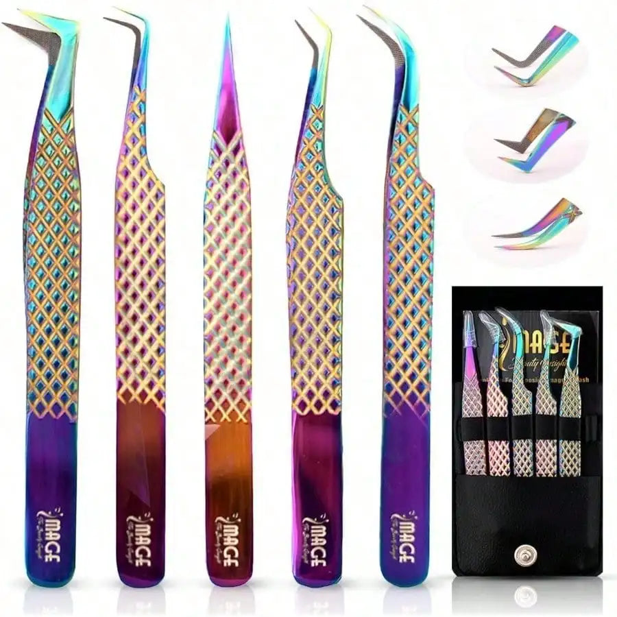 5 Pcs Fiber-Tip Japanese Steel Lash Tweezer Set