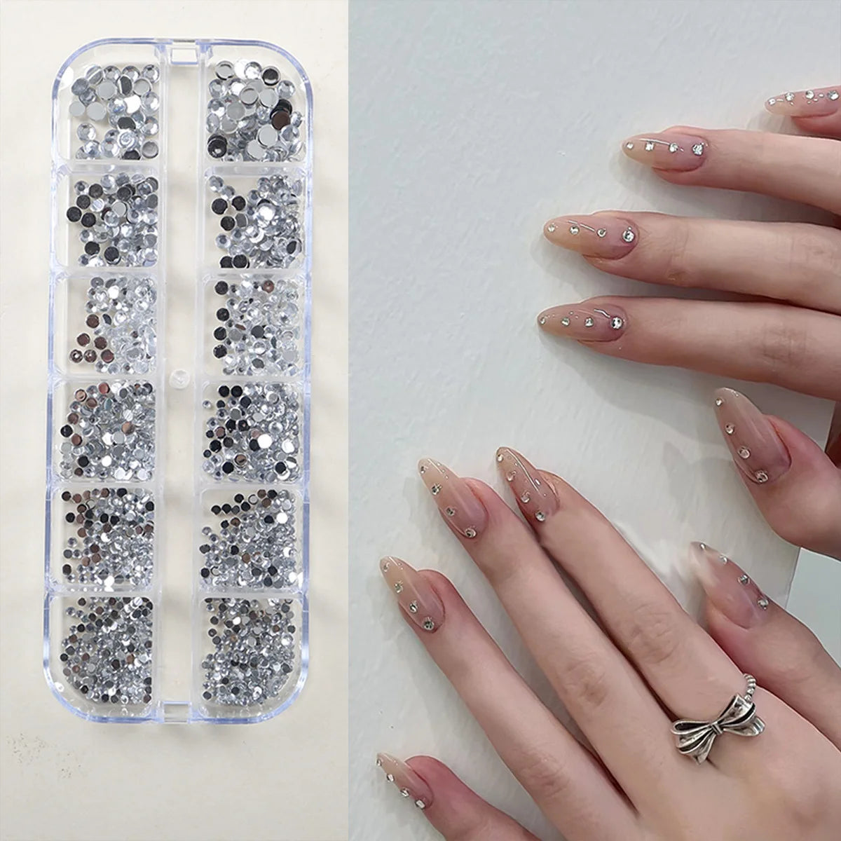 12-Compartment Flat-Back Nail Rhinestone Set