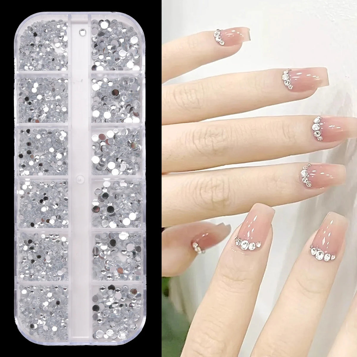 12-Compartment Flat-Back Nail Rhinestone Set