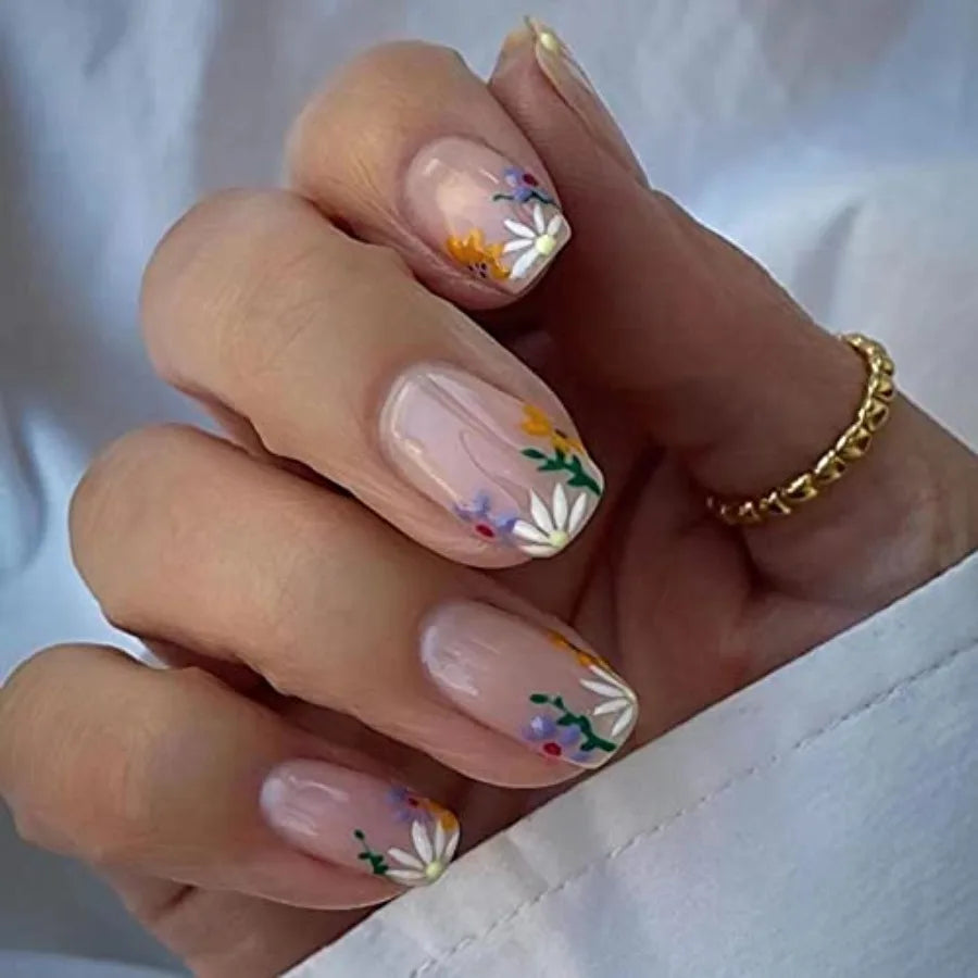 Short Square Purple Flower Press-On Nails – 24-Piece Set