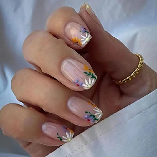 Short Square Purple Flower Press-On Nails – 24-Piece Set