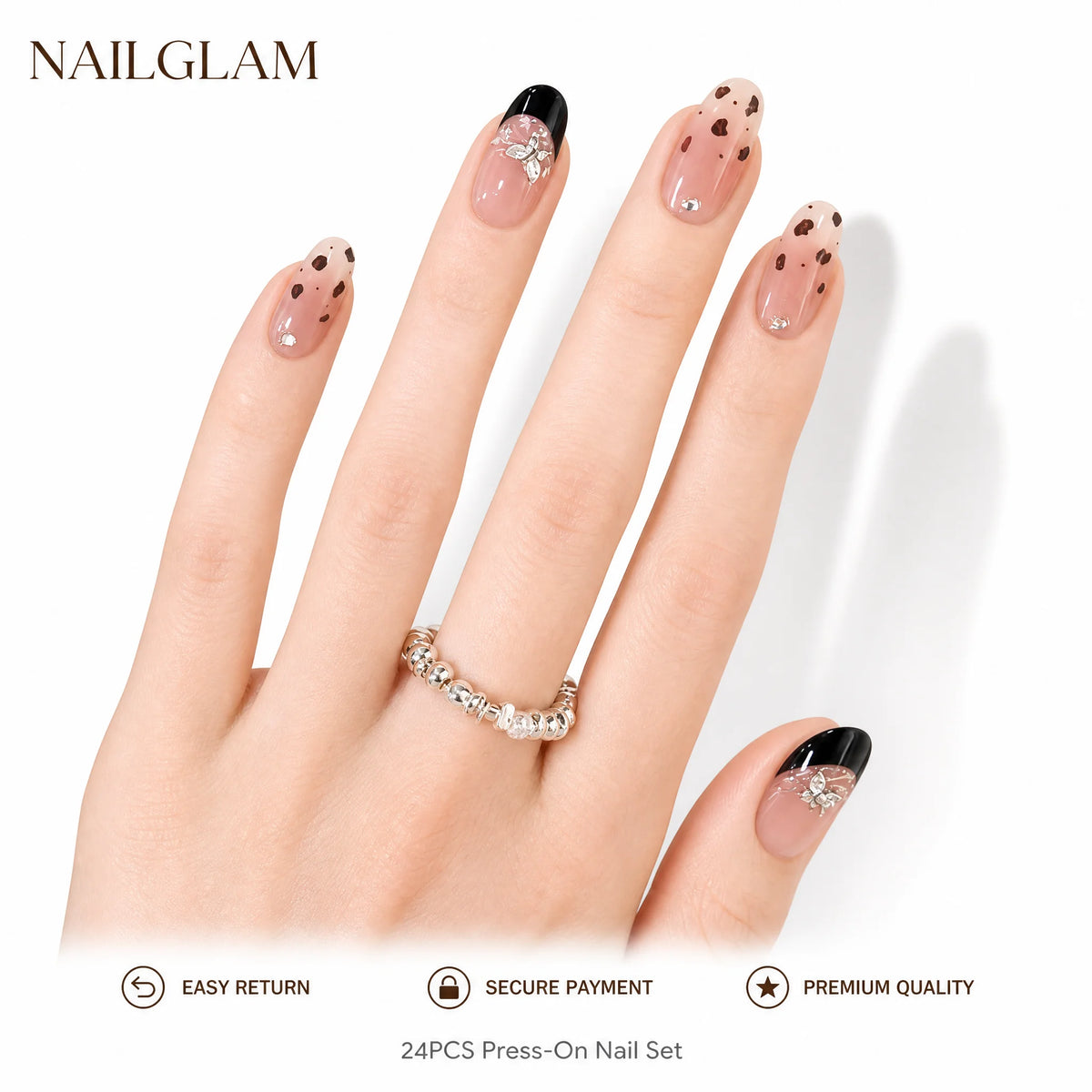  24-Piece Leopard Print Almond Press-On Nails with Butterfly Charms