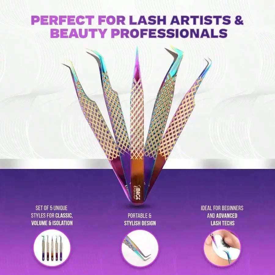 5 Pcs Fiber-Tip Japanese Steel Lash Tweezer Set