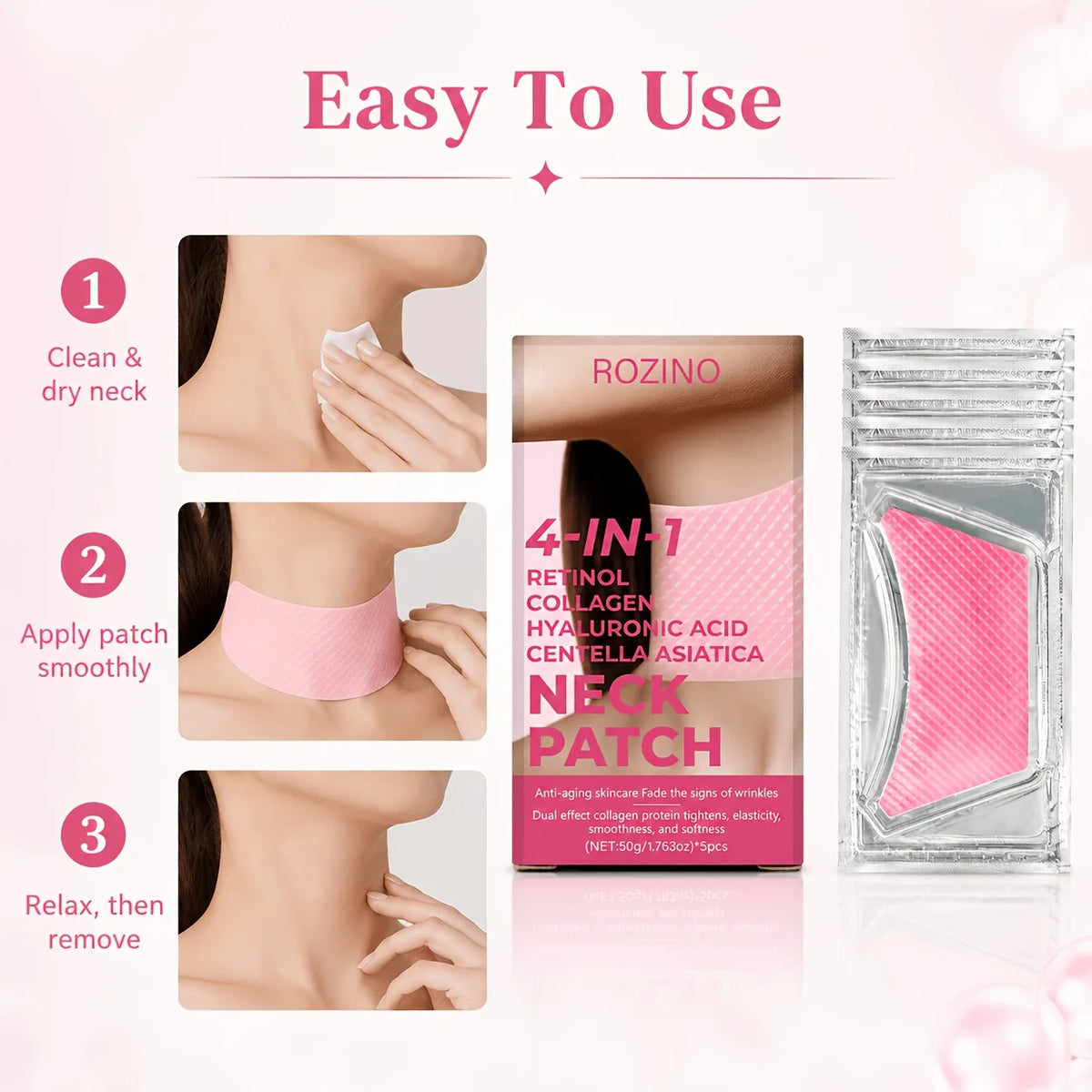 ROZINO 4-in-1 Retinol & Collagen Neck Patches – 5 Pack