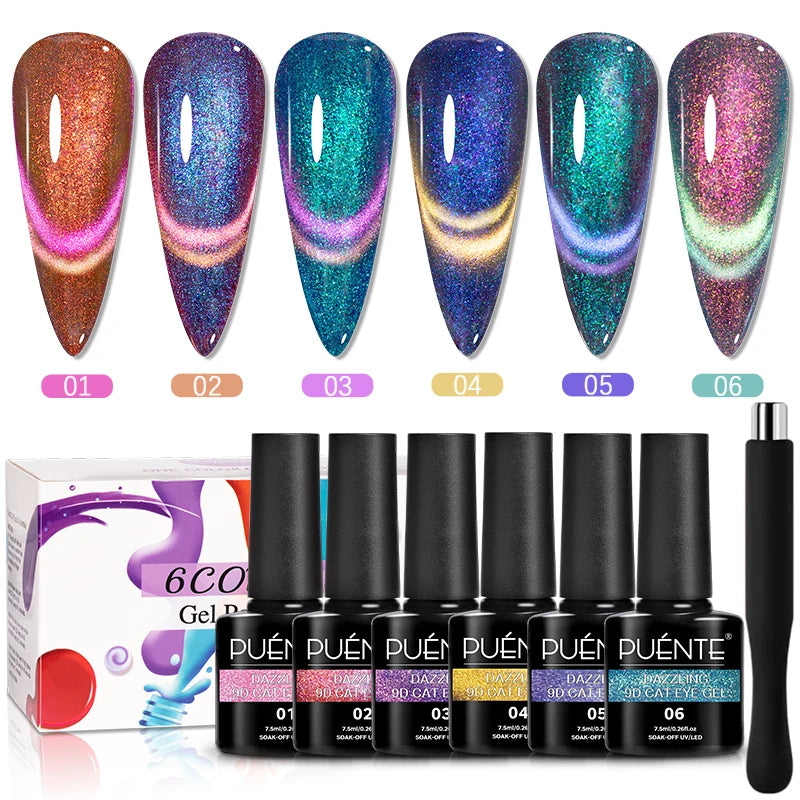 PUENTE Aurora Glitter 9D Cat Eye Gel Polish Set – 6 Colors