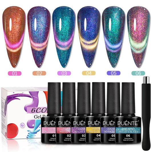 PUENTE Aurora Glitter 9D Cat Eye Gel Polish Set – 6 Colors