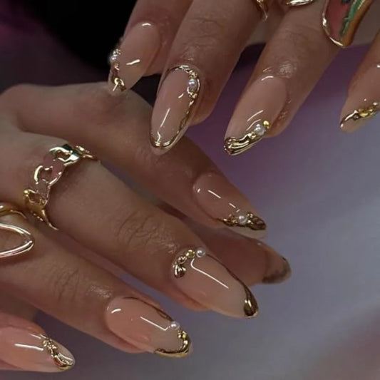 Medium Almond Gold French Tip Press-On Nails