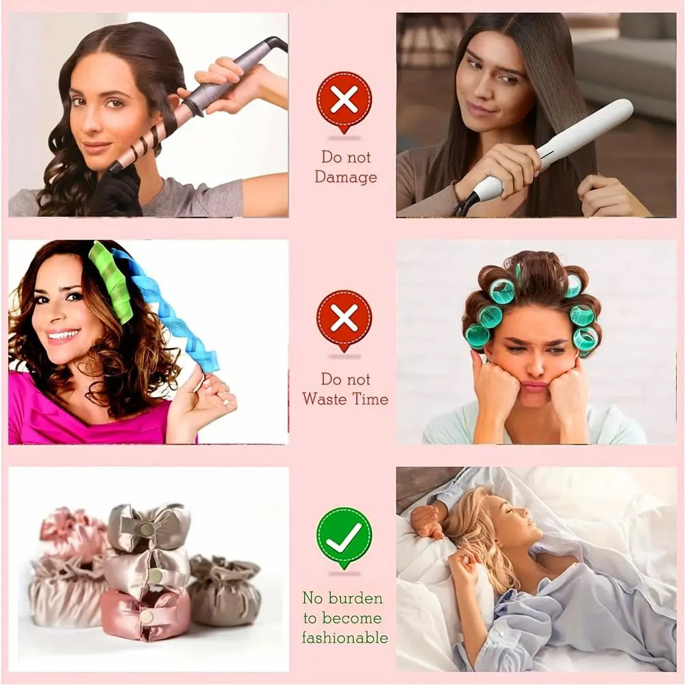 Satin Heatless Hair Curler Set with Bonnet – Overnight Curls