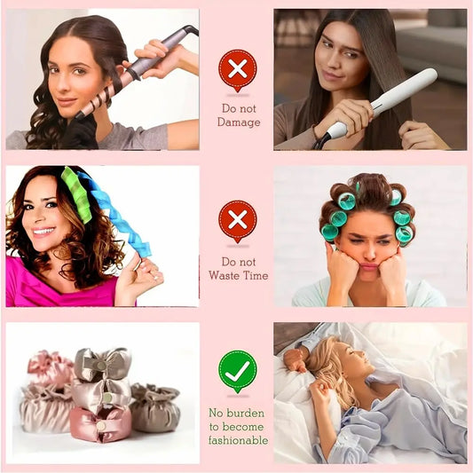 Satin Heatless Hair Curler Set with Bonnet – Overnight Curls
