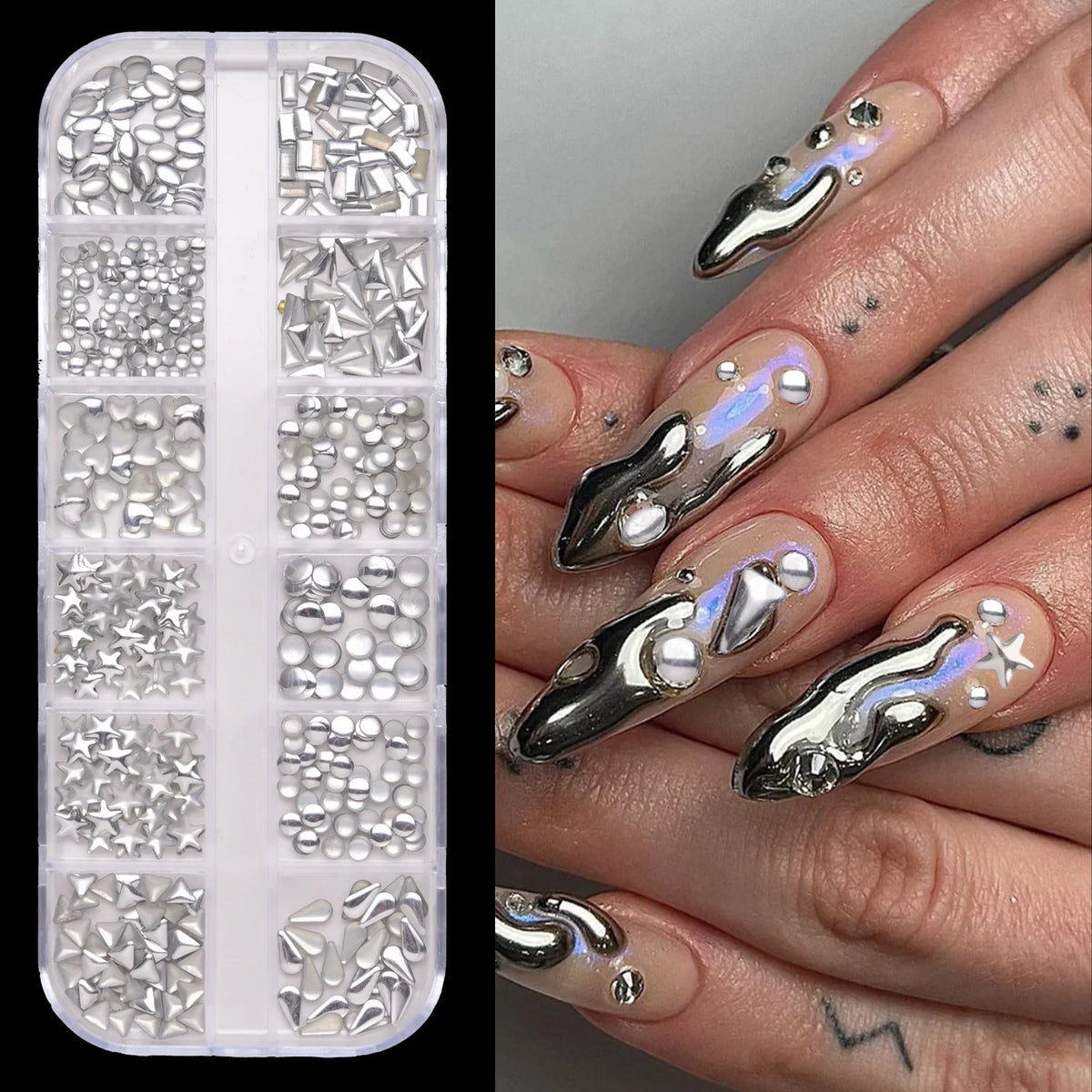 12-Compartment Flat-Back Nail Rhinestone Set