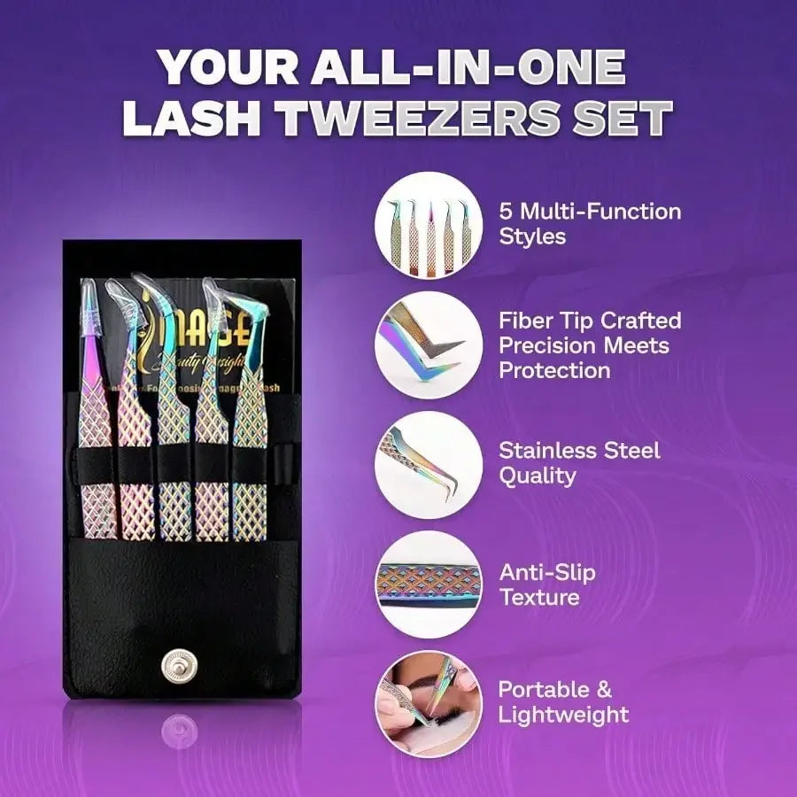 5 Pcs Fiber-Tip Japanese Steel Lash Tweezer Set
