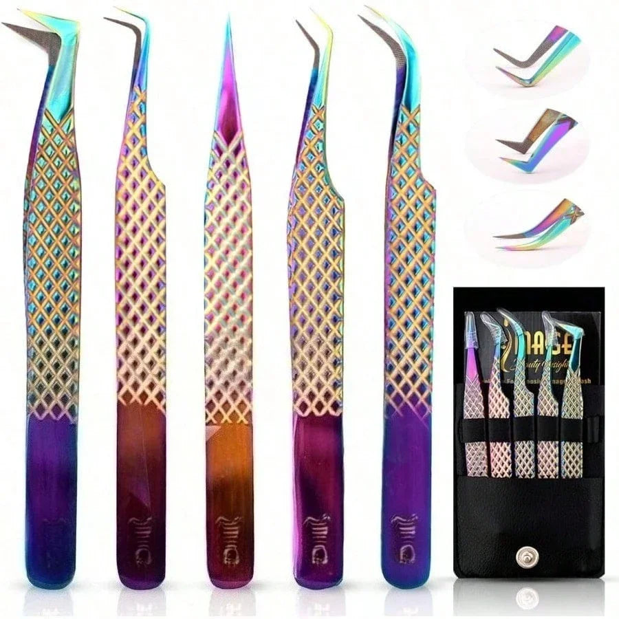 5 Pcs Fiber-Tip Japanese Steel Lash Tweezer Set
